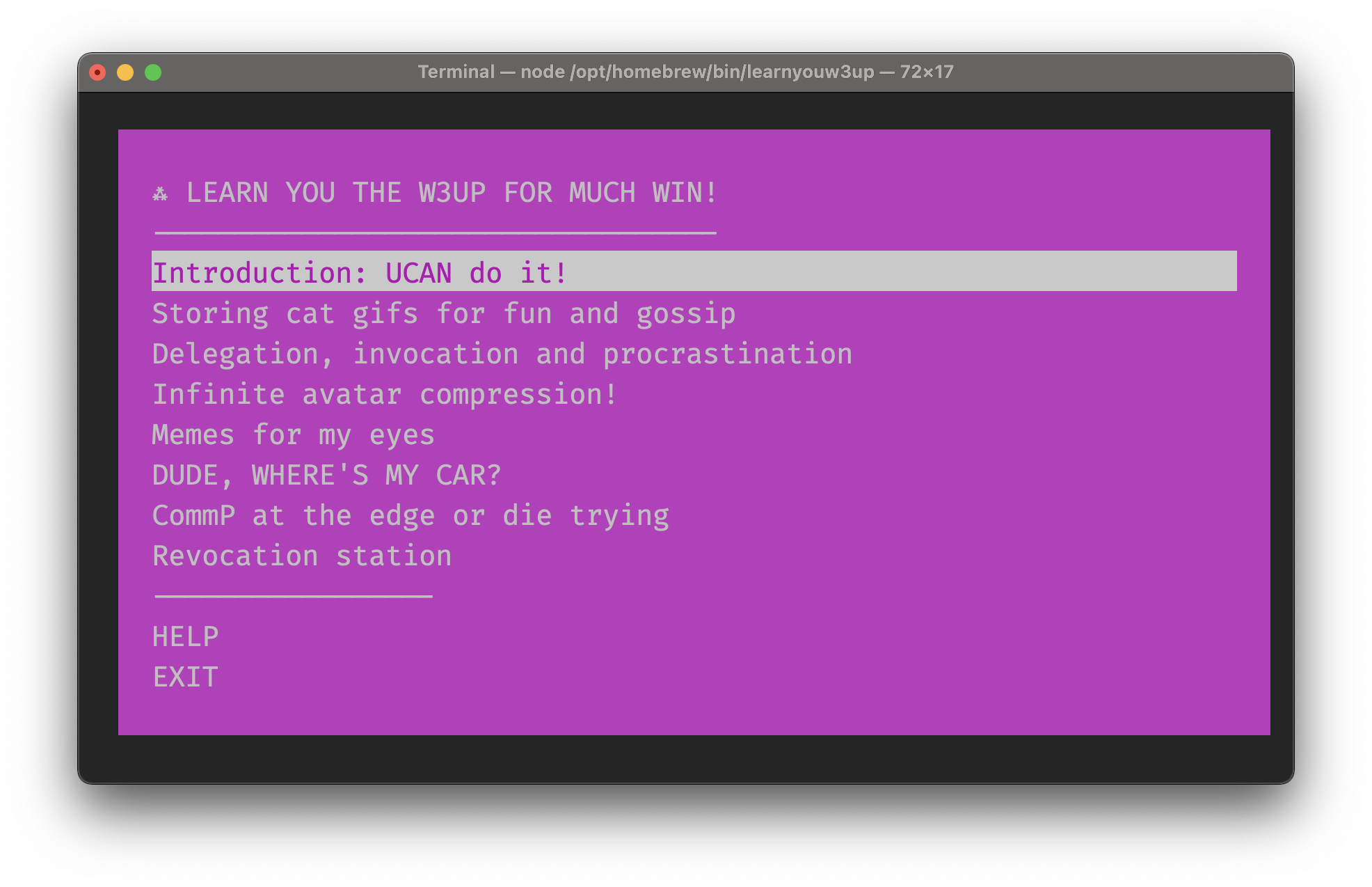 screenshot of the w3up workshop menu